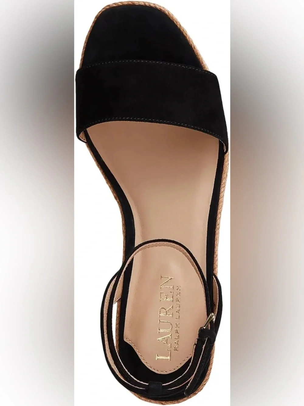 Ralph Lauren Black Suede Espadrille Wedge Sandals with Ankle Strap
